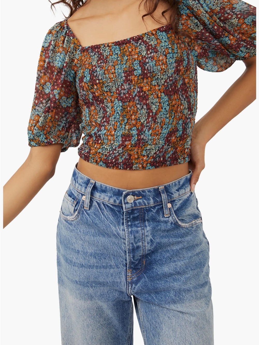 Free People Multi-Color Smocked Puff Sleeve Crop Top